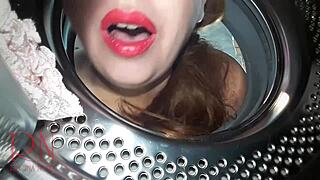 Adorable housewife slave fucked in the washing machine