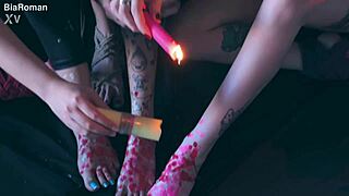 Tattooed redhead licks bound brunette in kinky games