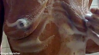 ginger moisther's soapy wet nipples and belly closeup, check her stunning tits in tight jeans!