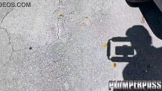 huge tit latina milf sucks stranger dick in car outside laundry