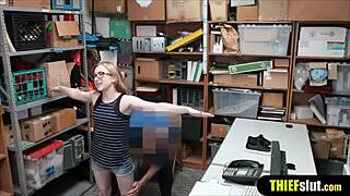 Clueless shoplifter gets punished with rough doggystyle fucking on CCTV! Bent over, blowjob, teen brunette.