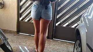 Hot milf neighbor flashes shaved pussy on the street