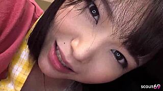 hey, ya think this petite Japanese girl can wake him with a blowjob?