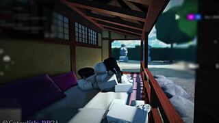 They return for threesome sex with big cocks in bent over, missionary, and riding positions.