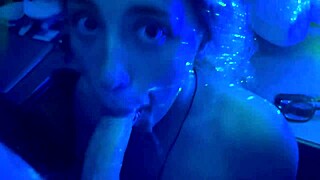 In the nightclub, she teases with deepthroat, gagging and choking in a sloppy blowjob