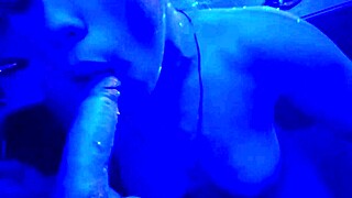 In the nightclub, she teases with deepthroat, gagging and choking in a sloppy blowjob