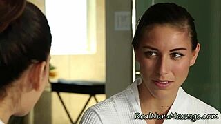 The masseuse gives nuru massage to the babe. She uses strapon for lesbian pleasure.