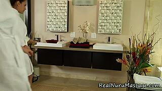 The masseuse gives nuru massage to the babe. She uses strapon for lesbian pleasure.