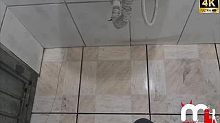 While Husband Washes Car, Wife Fucks Young Guy in Bathroom!