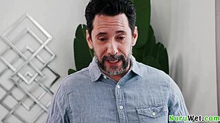 lovely busty blonde rubs tits on client during massage