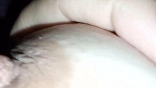 Enjoying latte from brunette's balloon-like natural tits