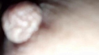 Enjoying latte from brunette's balloon-like natural tits