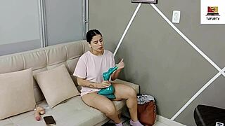 latina girl masturbates alone, but stepfather interrupts with hard cock fucking