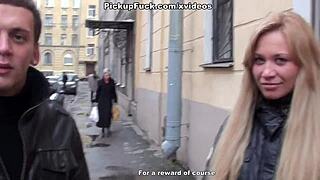 Blonde amateur sucks cock on the porch in public