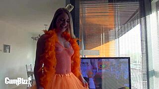 bad ass kingsday slut bent over in cosplay costume for interracial big cock cum princess tits.