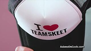 Asian roomies perform sloppy blowjob deepthroat on cam in dorm