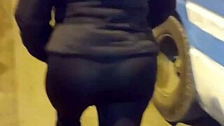 madura streetwalker in transparent leggings flashing her thong