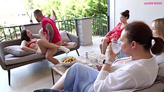 Cute 18+ Girl and Hot MILF Publicly Fucked by Italian Stud with Huge Cock on Summer Patio