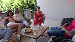 Cute 18+ Girl and Hot MILF Publicly Fucked by Italian Stud with Huge Cock on Summer Patio