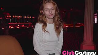 Shy redhead explores stripping at clubcastings with bent over poses