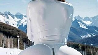 Week-end ski resort fantasy with stunning brunette in tight leather