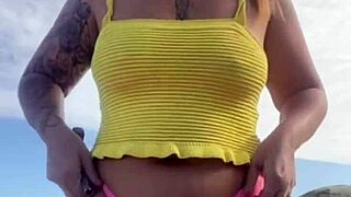 Young Babe Flashes Swollen Pussy Lips In Ripped Bikini On Beach