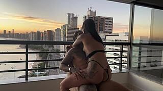 Plump Brunette In Fishnets Feels Orgasm In Doggy At Sunset