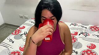 Stepdaughter wakes from huge squirt and cums in panties from fingers and dildo