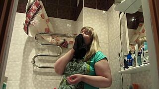 Chubby milf sniffs panties and hides them in her pussy