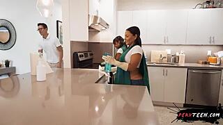 sneaky doggystyle with venezuelan milf cleaner bent over and caught by coworker