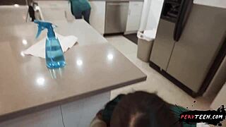 sneaky doggystyle with venezuelan milf cleaner bent over and caught by coworker