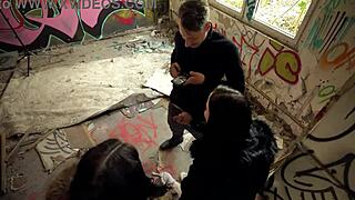 I watch Julia and Maria in risky outdoor threesome.