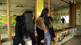 I watch Julia and Maria in risky outdoor threesome.