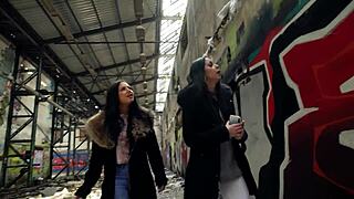 I watch Julia and Maria in risky outdoor threesome.