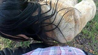 Cheating housewife shops for fur coat with husband's friend. Then she sucks his cock outdoors