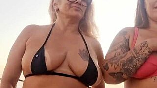 Flashing Naughty Talk at Beach with Slutty Friend Before Deflowering a Newbie