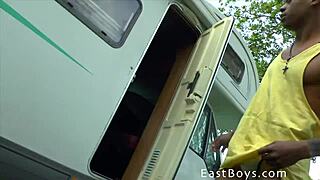 I ripped clothes off that ebony twink bodybuilder in the caravan