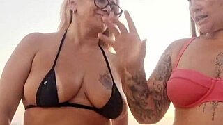 Flashing Naughty Talk at Beach with Slutty Friend Before Deflowering a Newbie