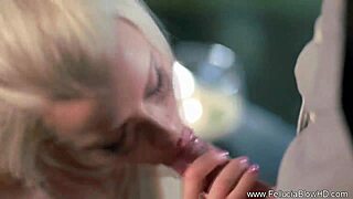 Horny cougar licking and blowing cock in a romantic setting