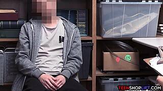 Female mall cop milf subtly blackmails a young 18+ guy into office sex at work with hints of power play