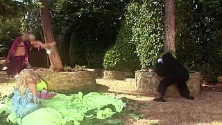 costume cosplay group with lesbians on a hot afternoon