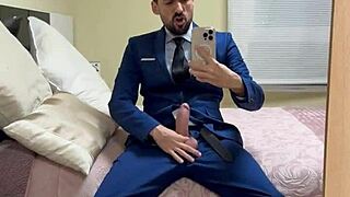 Hot daddy feels intense pleasure jerking his monster cock