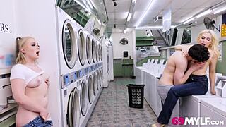 Stepmom and stepdaughter in steamy laundromat threesome, so hot!