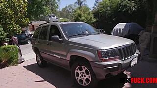 Old man hires teen 18+ brunette for interracial carwash banging