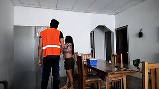 Hot woman spreads legs for strangers in house