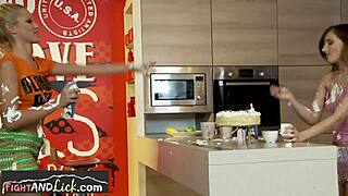 Food play lesbians wrestling before oral sex