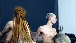 Blonde dreads redhead rides friend while wife sucks me in group cuckold blowjob!