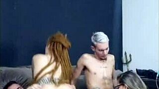 Blonde dreads redhead rides friend while wife sucks me in group cuckold blowjob!