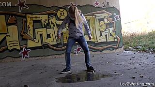 violeta shows off her puddle proudly in public outdoor setting