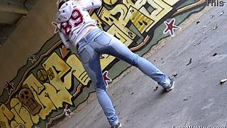 violeta shows off her puddle proudly in public outdoor setting